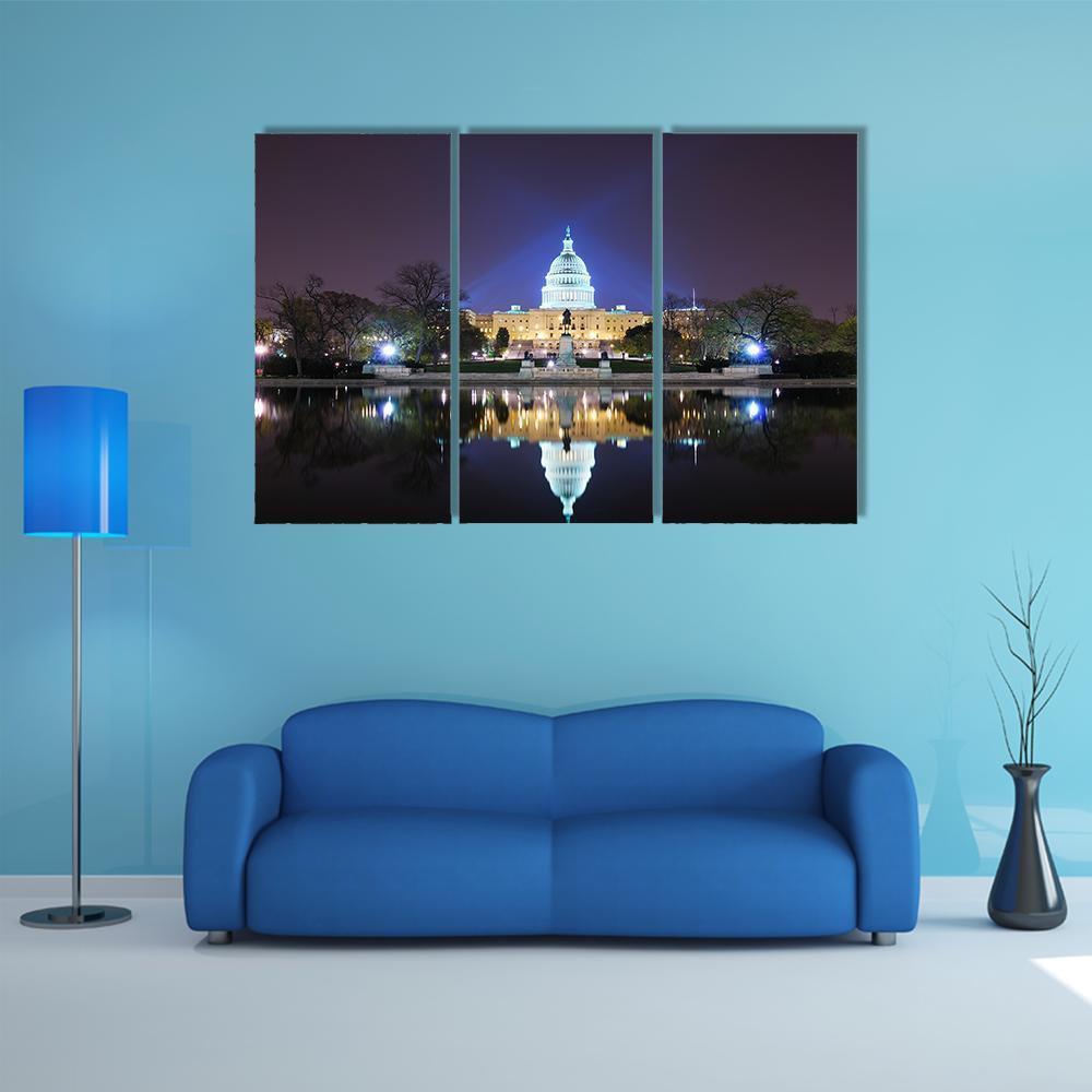 Capitol Building At Night Canvas Wall Art-3 Horizontal-Gallery Wrap-37" x 24"-Tiaracle