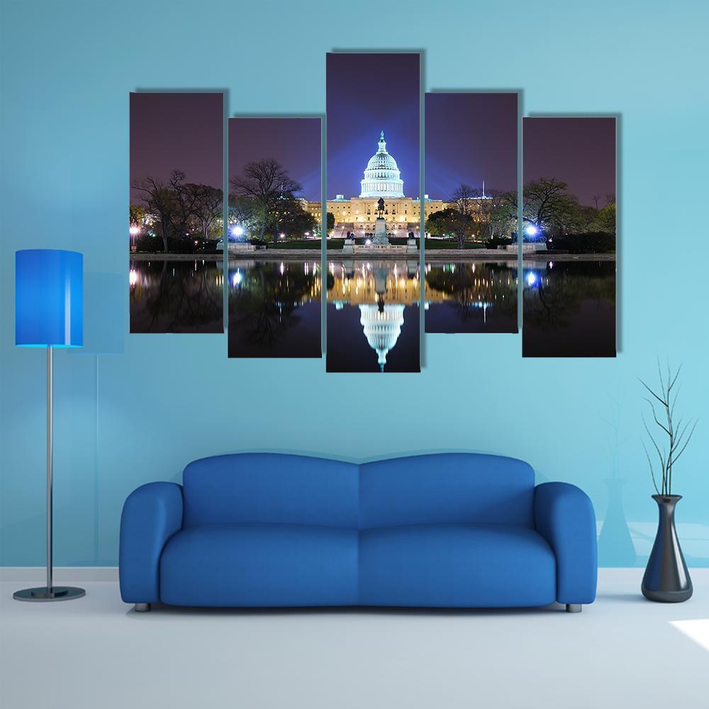 Capitol Building At Night Canvas Wall Art-5 Pop-Gallery Wrap-47" x 32"-Tiaracle