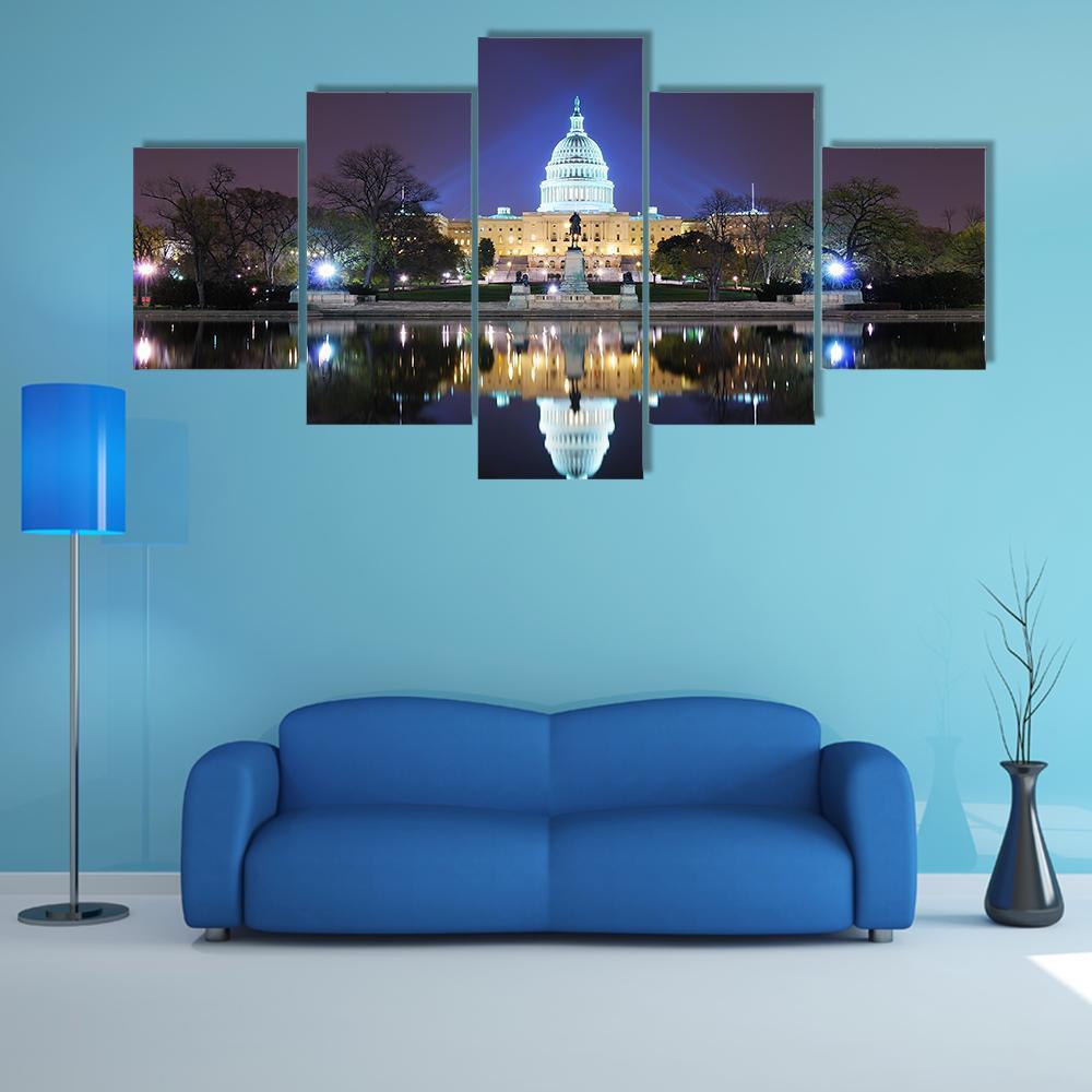 Capitol Building At Night Canvas Wall Art-5 Star-Gallery Wrap-62" x 32"-Tiaracle