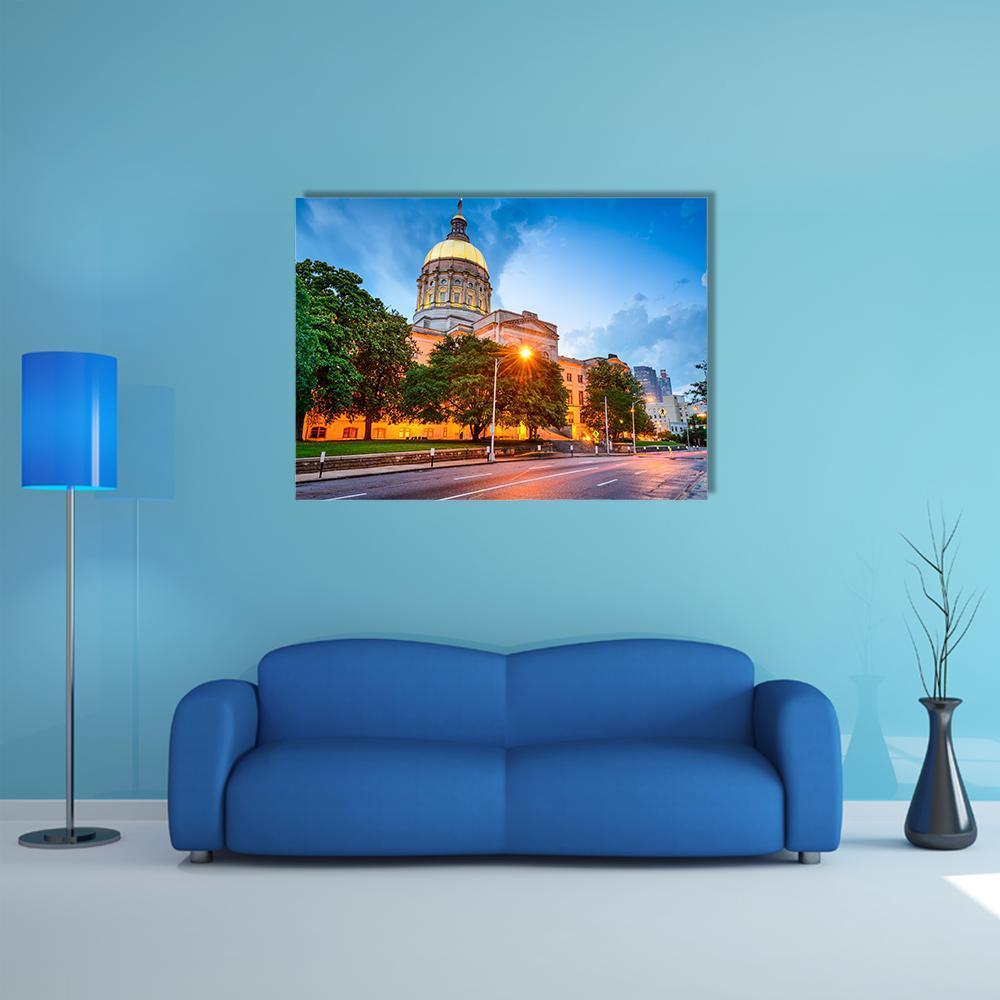 Capitol Building in Atlanta Canvas Wall Art in gold, green and blue, single panel hung on a wall