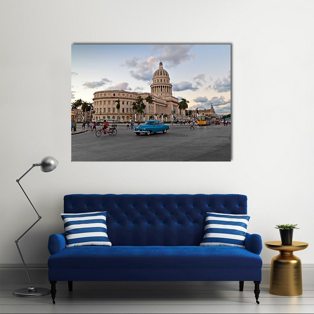 El Capitolio in Havana Canvas Wall Art in gray, beige and blue, single panel hung on a wall
