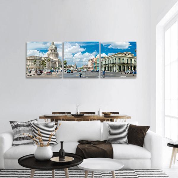 Havana Capitolio Street Scene Panoramic Canvas Wall Art in white, beige and blue, hung on a wall