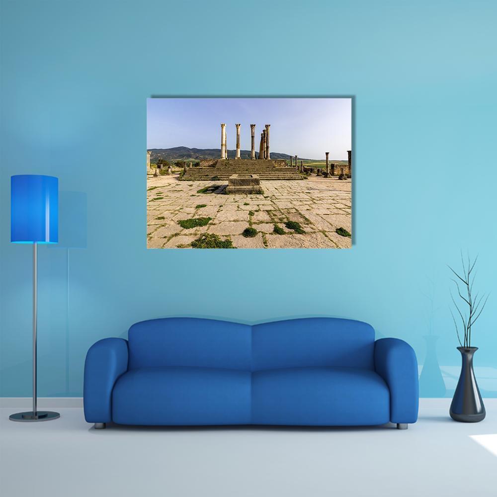 Capitoline Temple in Morocco Canvas Wall Art in gray, beige and blue, single panel hung on a wall
