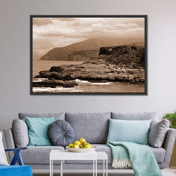 Capo Di Sorrento And The Baths of Queen Giovanna Canvas Wall Art-1 Piece-Floating Frame-24" x 16"-Tiaracle