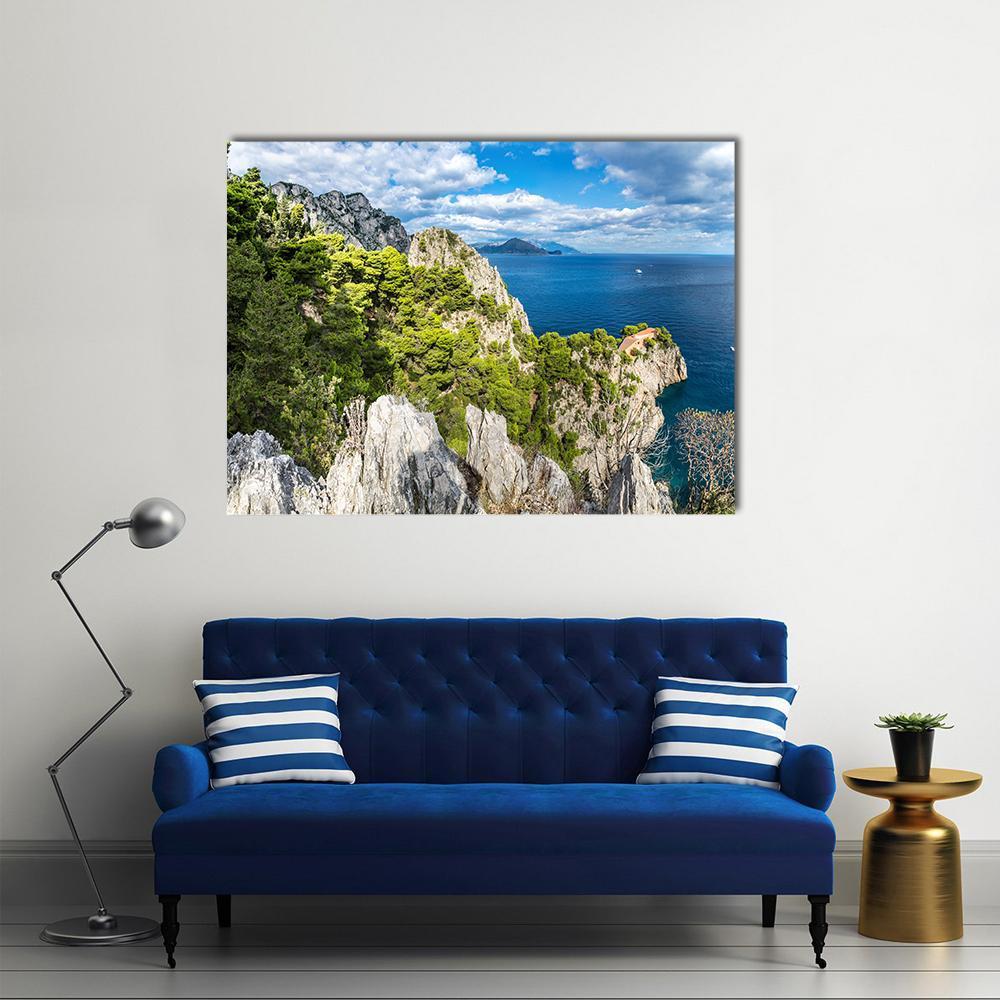 Capri Island Cliffs and Ocean Canvas Wall Art in gray, green and blue, single panel hung on a wall