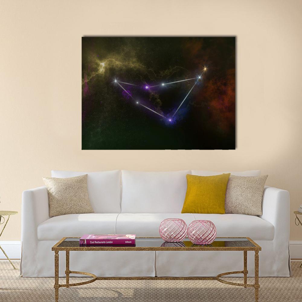 Capricorn Constellation with Purple Nebula Canvas Wall Art in black, yellow and purple, single panel hung on a wall