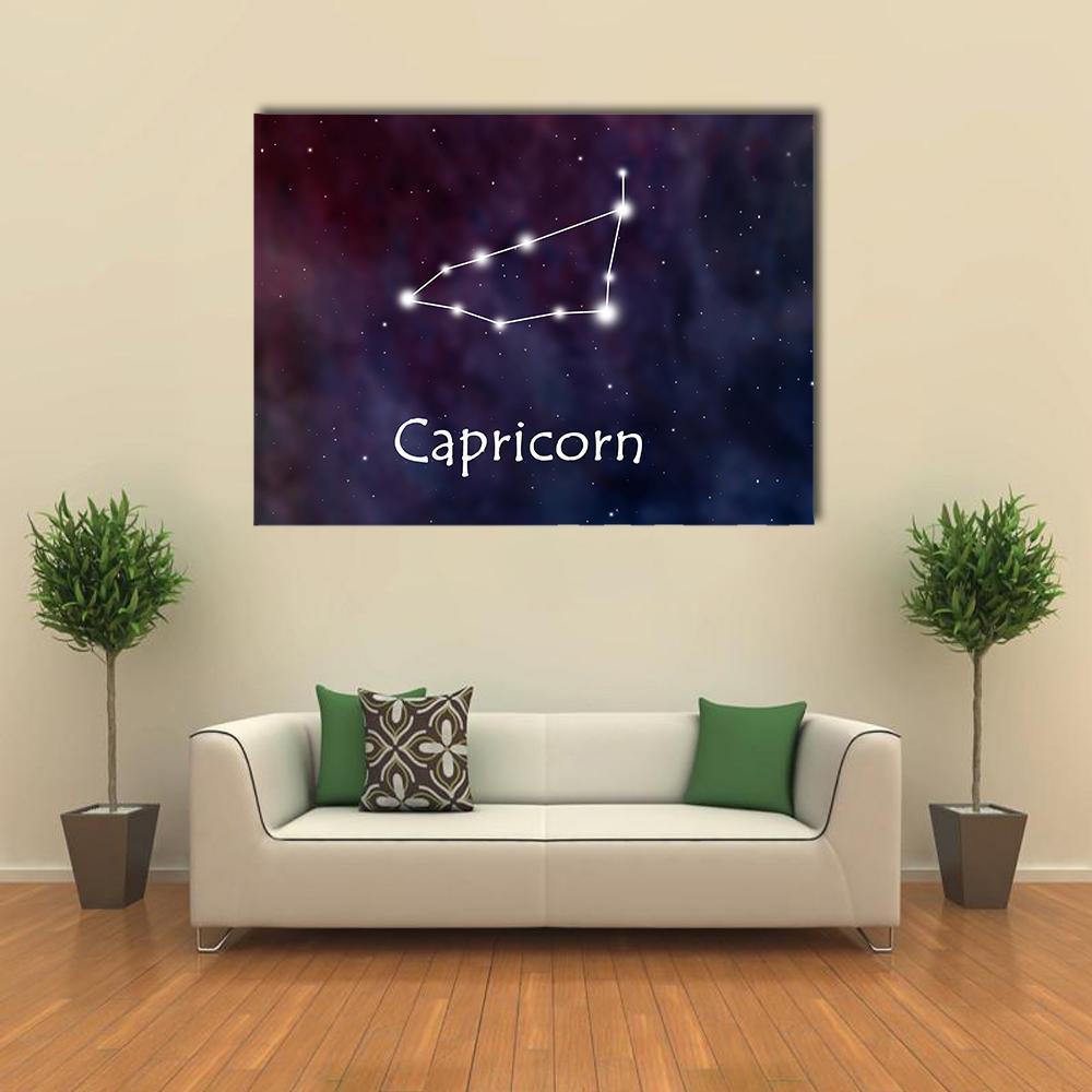 Capricorn Constellation Canvas Wall Art in black, blue and purple, single panel hung on a wall