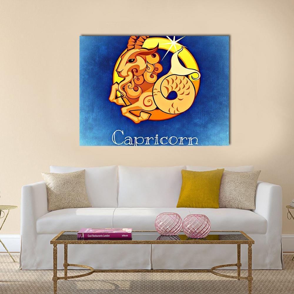 Capricorn Sea-goat Zodiac Canvas Wall Art in orange, yellow and blue, single panel hung on a wall