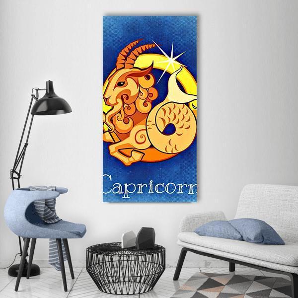 Capricorn Zodiac Sign Vertical Canvas Wall Art in orange, yellow and blue, single vertical panel hung on a wall