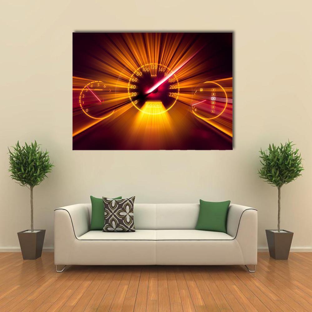 Abstract Speedometer Dashboard Canvas Wall Art in black, orange and yellow, single panel hung on a wall