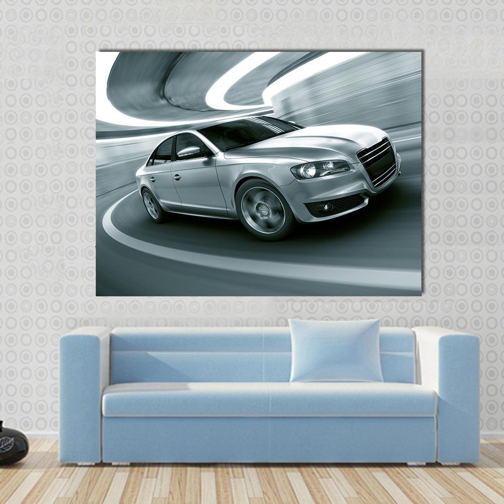 Car in a Tunnel Canvas Wall Art in white, gray and silver, single panel hung on a wall