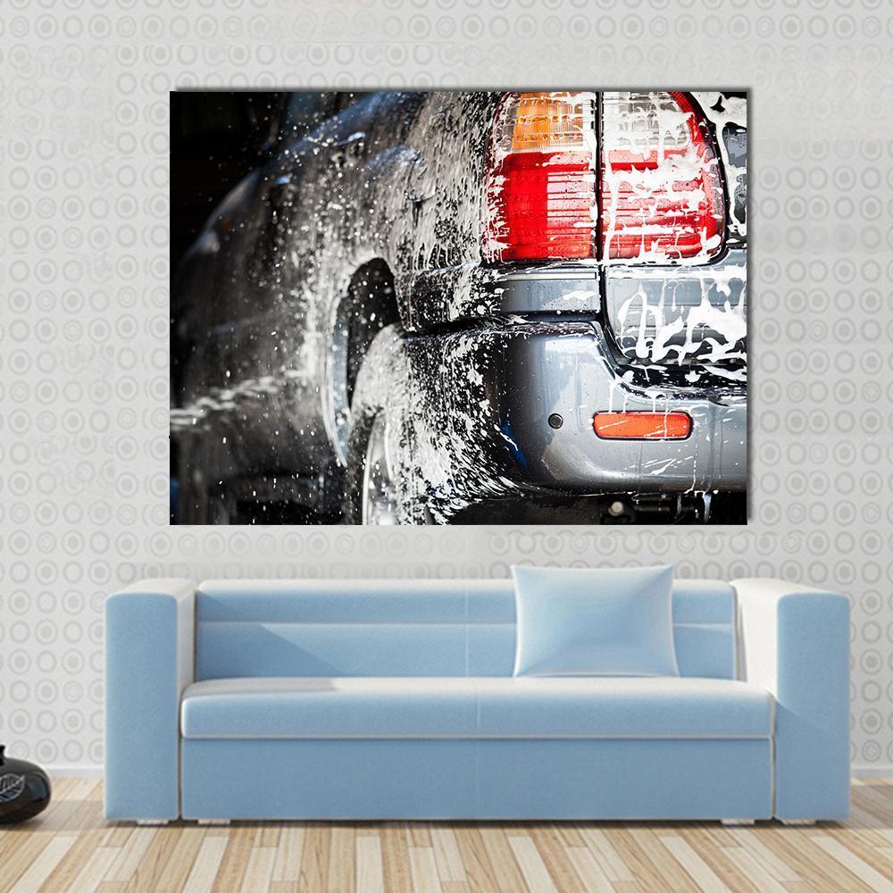 Car in Carwash Canvas Wall Art in black, white and gray, single panel hung on a wall