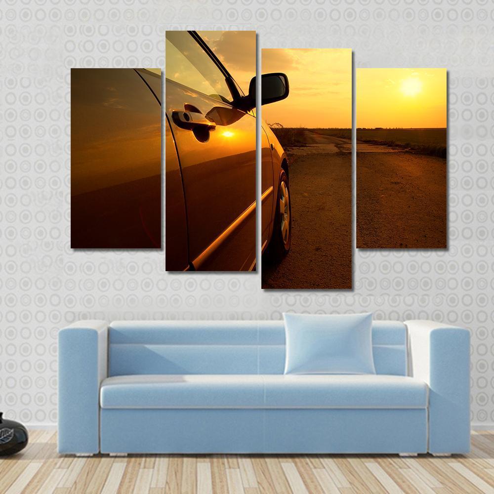 Car In The Sunset Canvas Wall Art-4 Pop-Gallery Wrap-50" x 32"-Tiaracle
