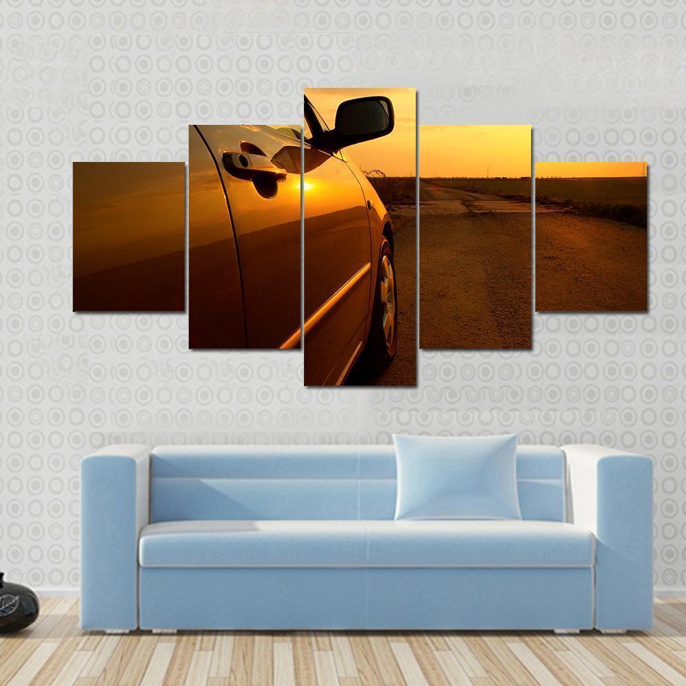 Car In The Sunset Canvas Wall Art-5 Star-Gallery Wrap-62" x 32"-Tiaracle