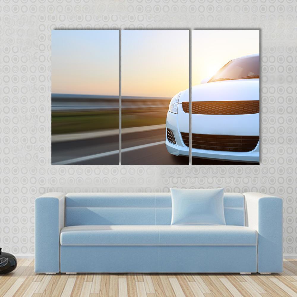 Car Speeding At Sunset Canvas Wall Art-3 Horizontal-Gallery Wrap-37" x 24"-Tiaracle