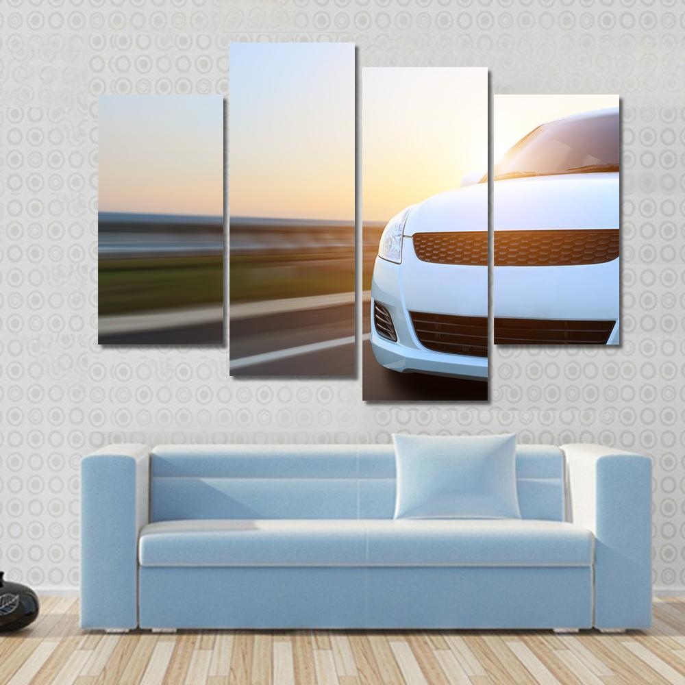Car Speeding At Sunset Canvas Wall Art-4 Pop-Gallery Wrap-50" x 32"-Tiaracle