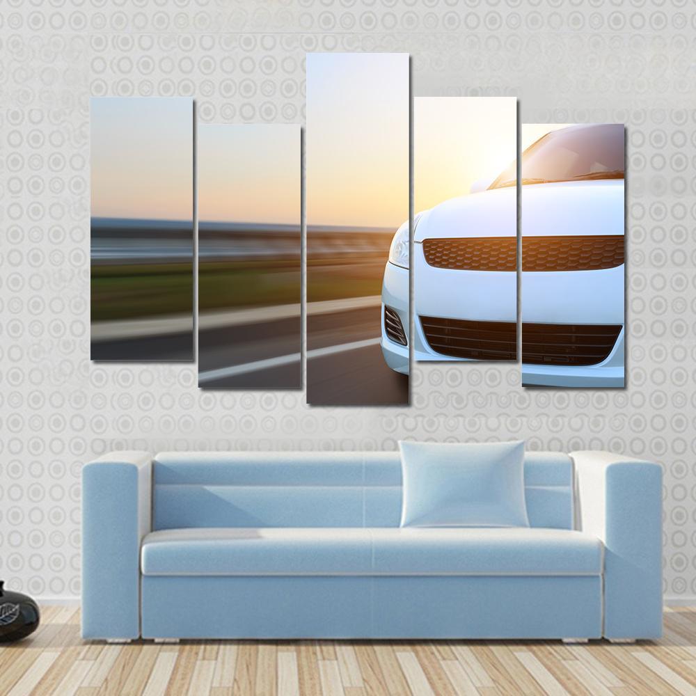 Car Speeding At Sunset Canvas Wall Art-5 Pop-Gallery Wrap-47" x 32"-Tiaracle
