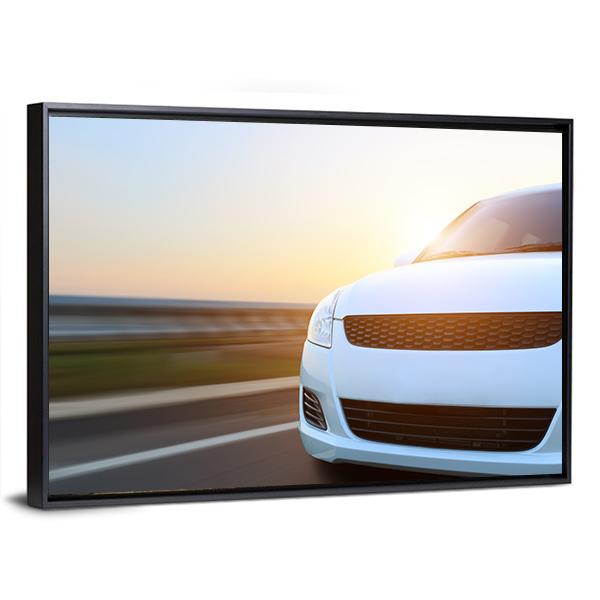 Car Speeding At Sunset Canvas Wall Art-3 Horizontal-Gallery Wrap-25" x 16"-Tiaracle