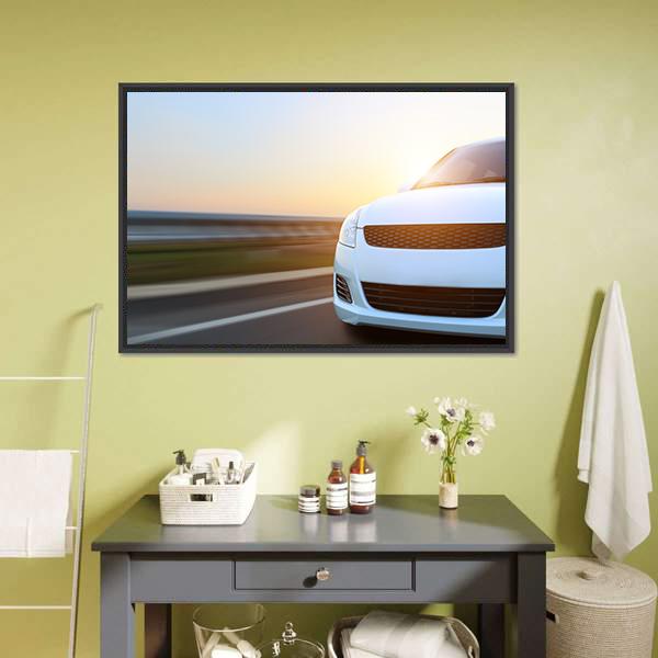 Car Speeding At Sunset Canvas Wall Art-3 Horizontal-Gallery Wrap-25" x 16"-Tiaracle