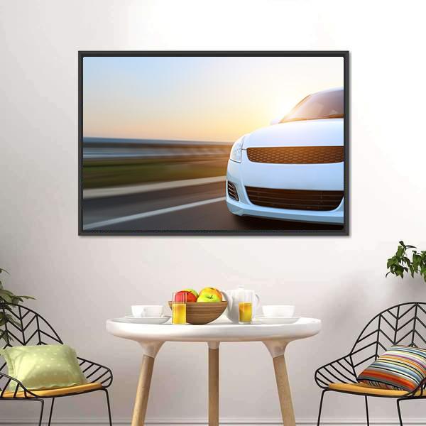 Car Speeding At Sunset Canvas Wall Art-3 Horizontal-Gallery Wrap-25" x 16"-Tiaracle