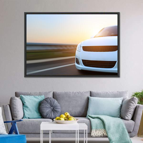 Car Speeding At Sunset Canvas Wall Art-1 Piece-Floating Frame-24" x 16"-Tiaracle