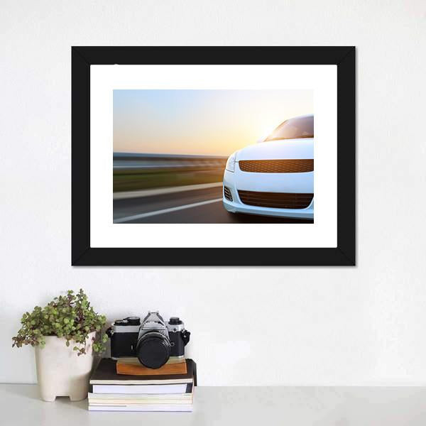 Car Speeding At Sunset Canvas Wall Art-1 Piece-Framed Print-20" x 16"-Tiaracle