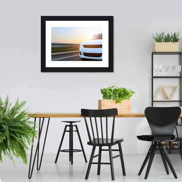 Car Speeding At Sunset Canvas Wall Art-3 Horizontal-Gallery Wrap-25" x 16"-Tiaracle