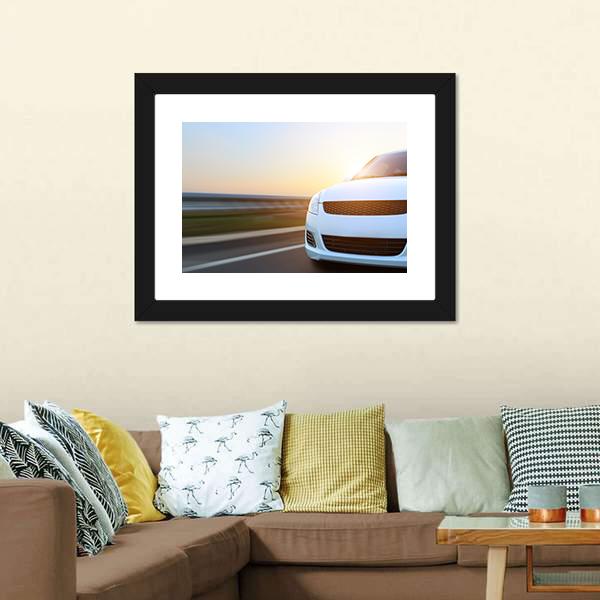 Car Speeding At Sunset Canvas Wall Art-3 Horizontal-Gallery Wrap-25" x 16"-Tiaracle