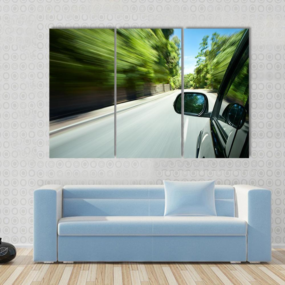 Car Speeding On Road Canvas Wall Art-3 Horizontal-Gallery Wrap-37" x 24"-Tiaracle