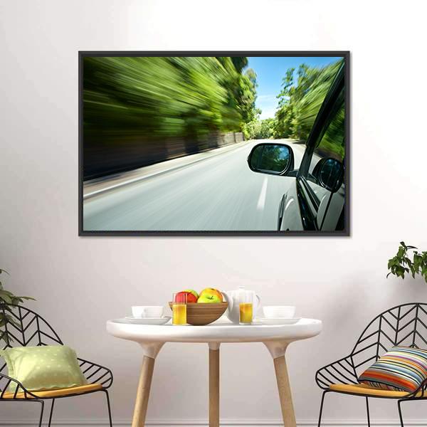 Car Speeding On Road Canvas Wall Art-3 Horizontal-Gallery Wrap-25" x 16"-Tiaracle