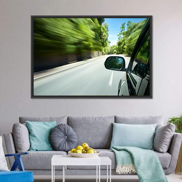 Car Speeding On Road Canvas Wall Art-1 Piece-Floating Frame-24" x 16"-Tiaracle