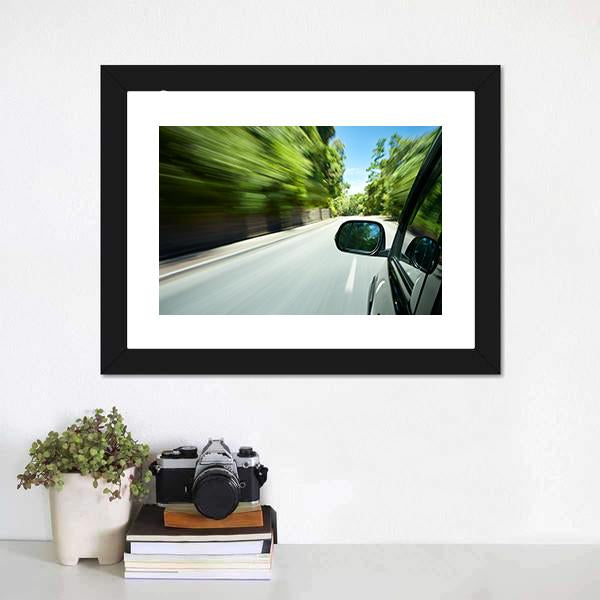 Car Speeding On Road Canvas Wall Art-1 Piece-Framed Print-20" x 16"-Tiaracle