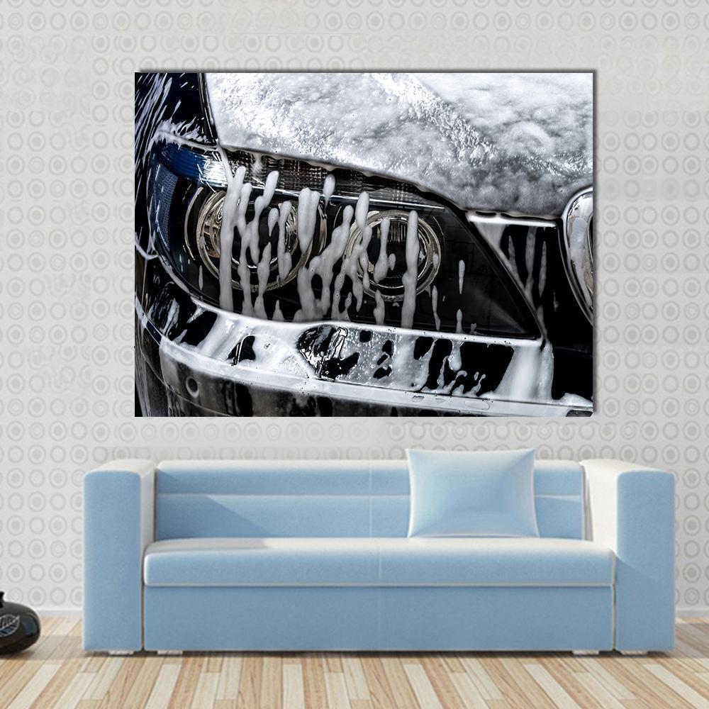 Car Wash with Soap Canvas Wall Art in black, white and silver, single panel hung on a wall