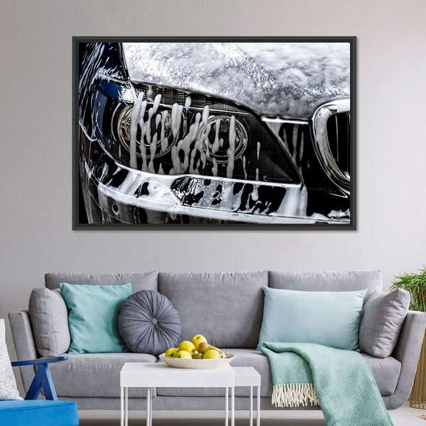 Car Wash with Soap Canvas Wall Art in black, white and silver, framed canvas, product view on a white background