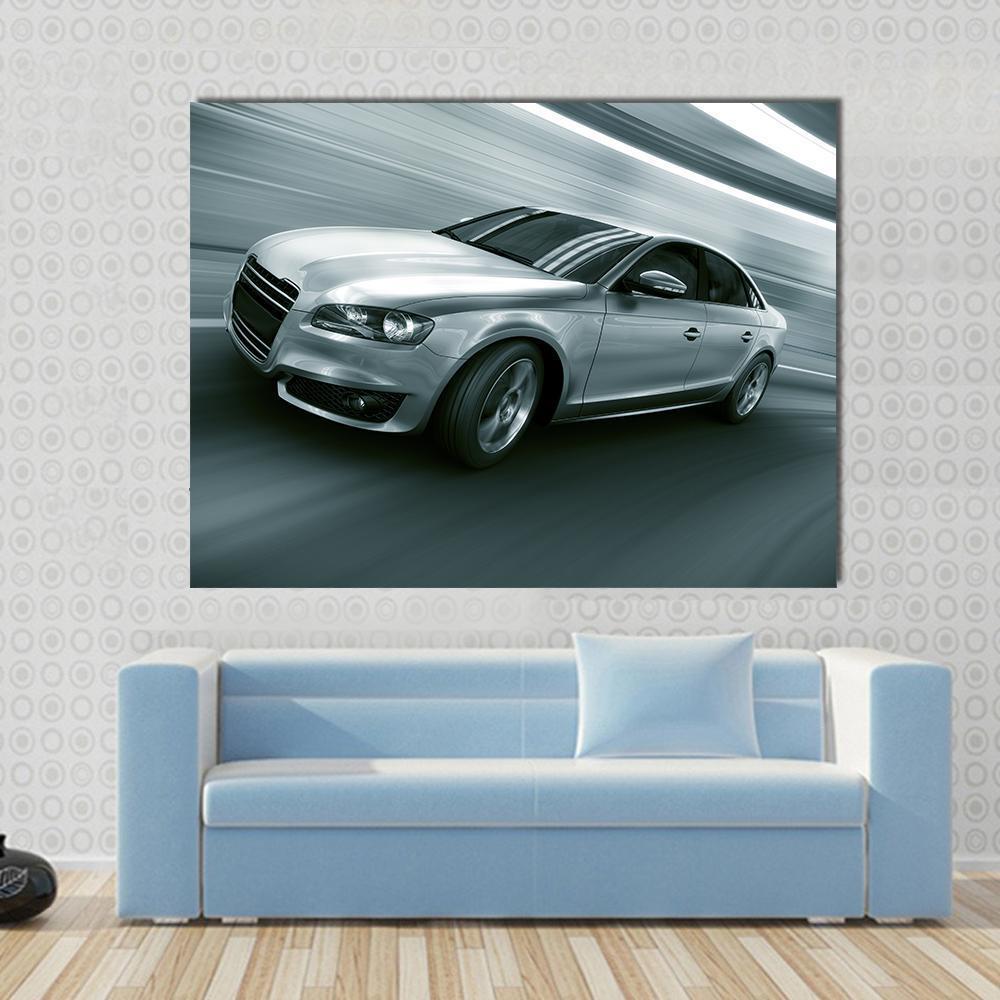 Dynamic Car in Motion Canvas Wall Art in black, gray and silver, single panel hung on a wall