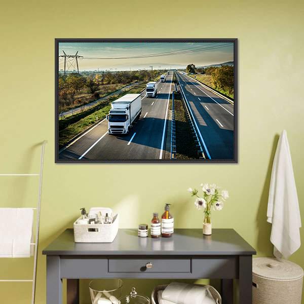 Caravan Of White Trucks Canvas Wall Art-3 Horizontal-Gallery Wrap-25" x 16"-Tiaracle