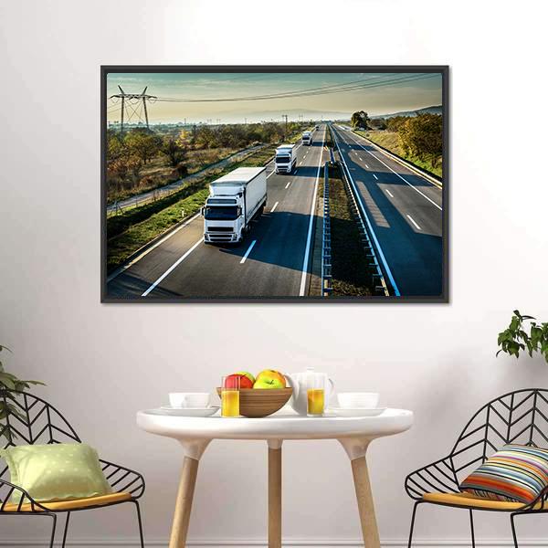 Caravan Of White Trucks Canvas Wall Art-3 Horizontal-Gallery Wrap-25" x 16"-Tiaracle