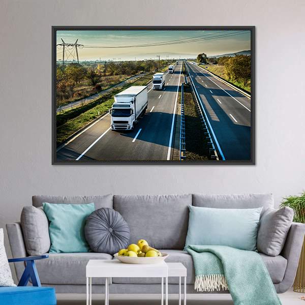 Caravan Of White Trucks Canvas Wall Art-1 Piece-Floating Frame-24" x 16"-Tiaracle