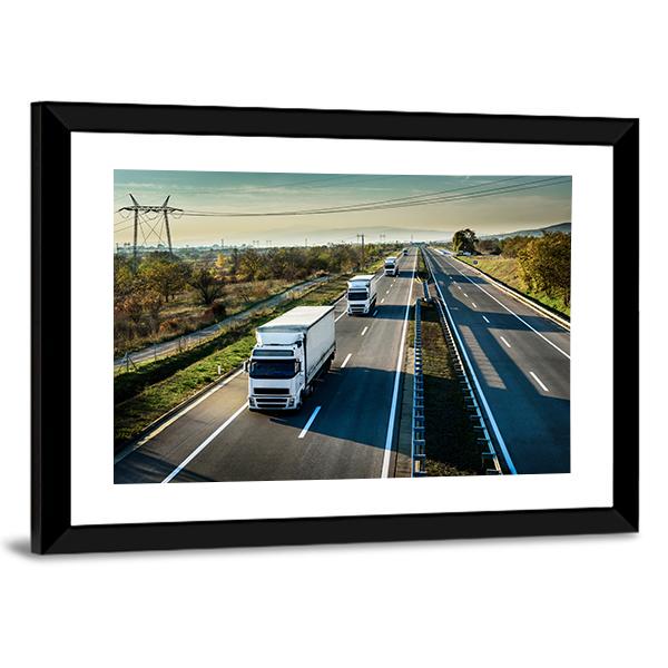 Caravan Of White Trucks Canvas Wall Art-3 Horizontal-Gallery Wrap-25" x 16"-Tiaracle