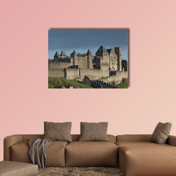 Carcassonne Fortress, France Canvas Wall Art in gray, brown and blue, single panel hung on a wall