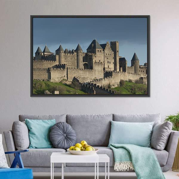 Carcassonne Fortress, France Canvas Wall Art in gray, brown and blue, framed canvas, product view on a white background