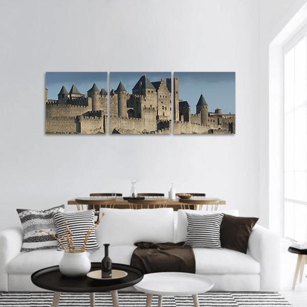 Carcassonne Fortress, France Panoramic Canvas Wall Art in gray, beige and blue, hung on a wall