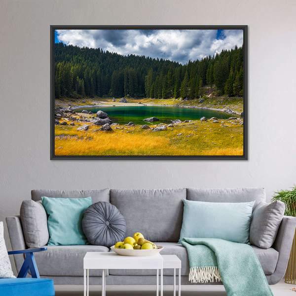Carezza Alpine Lake Canvas Wall Art-1 Piece-Floating Frame-24" x 16"-Tiaracle