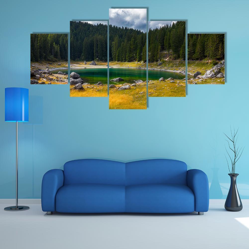 Carezza Alpine Lake Canvas Wall Art-5 Star-Gallery Wrap-62" x 32"-Tiaracle
