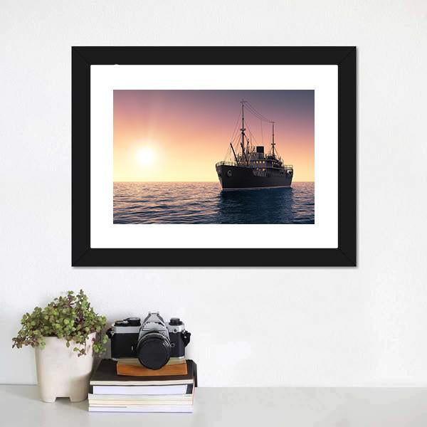 Cargo Ship At Evening Time Canvas Wall Art-1 Piece-Framed Print-20" x 16"-Tiaracle