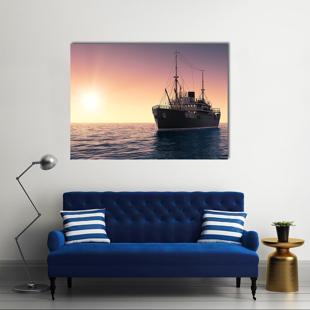 Cargo Ship at Sunset Canvas Wall Art in orange, blue and purple, single panel hung on a wall