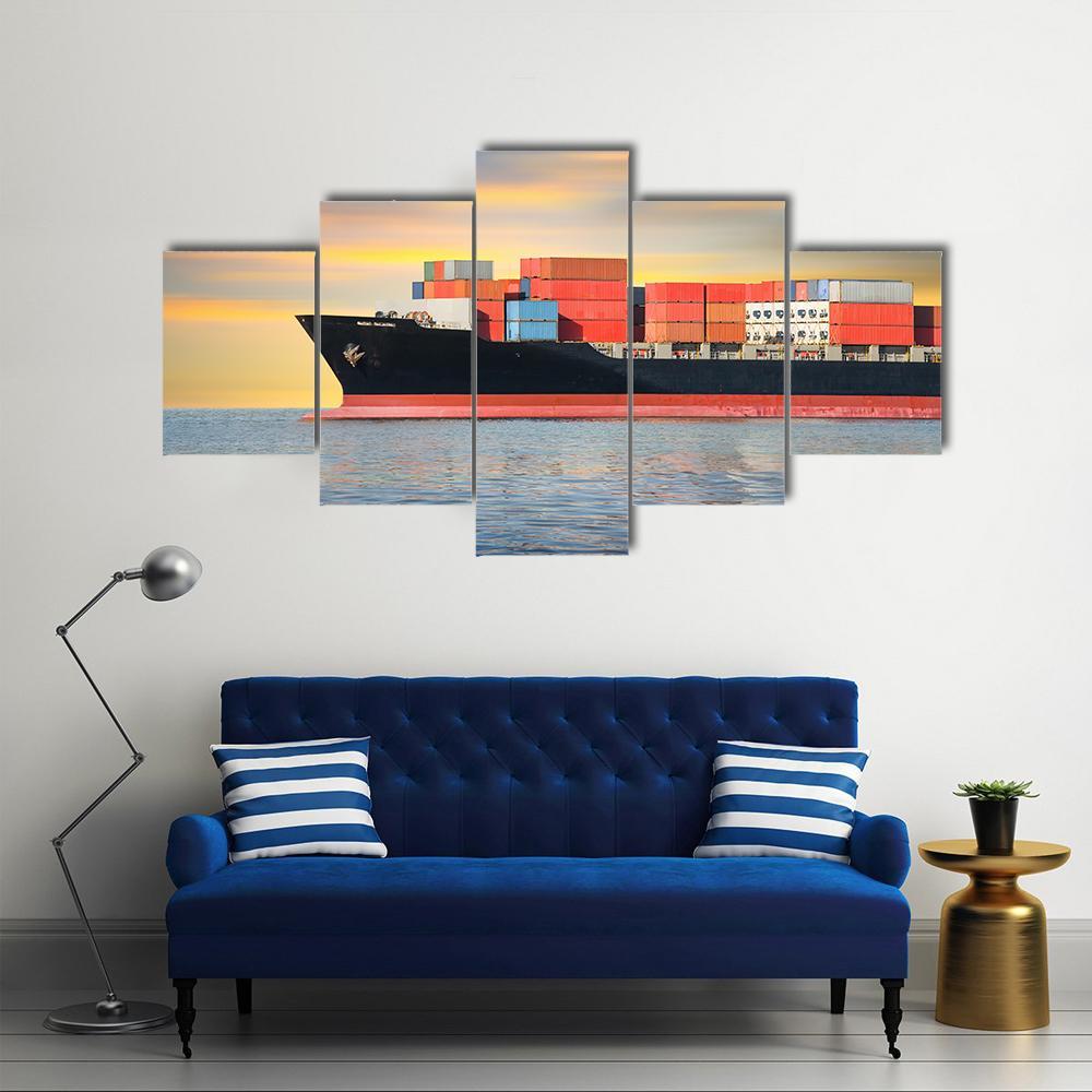 Cargo Ship In Sea Canvas Wall Art-5 Star-Gallery Wrap-62" x 32"-Tiaracle