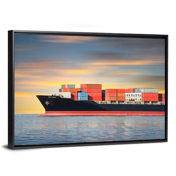 Cargo Ship In Sea Canvas Wall Art-3 Horizontal-Gallery Wrap-25" x 16"-Tiaracle