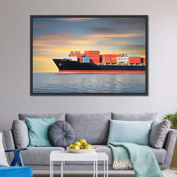 Cargo Ship at Sea Canvas Wall Art in gray, orange and blue, framed canvas, product view on a white background