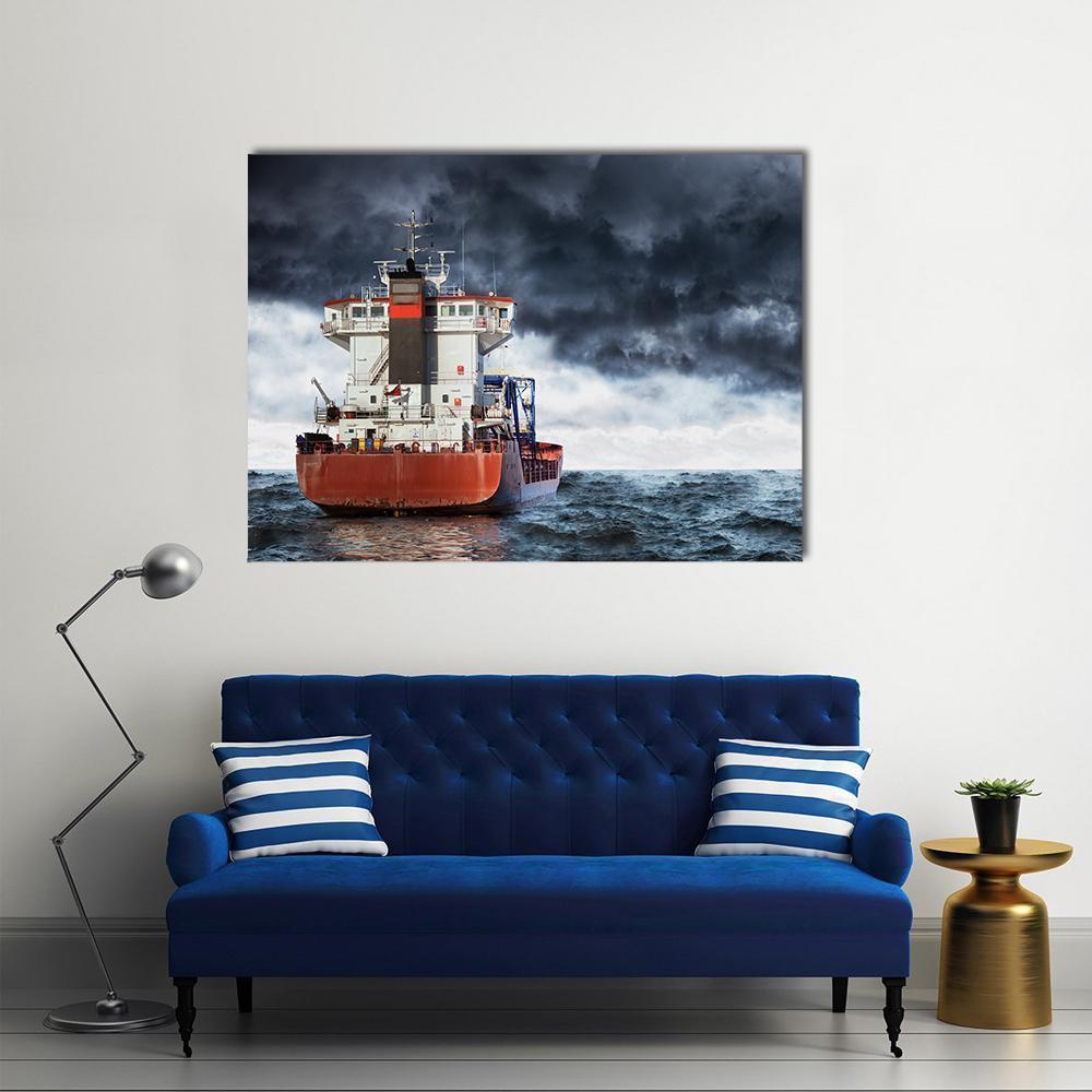 Cargo Ship in Storm Clouds Canvas Wall Art in black, gray and blue, single panel hung on a wall